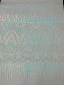 BLue/White Iridescent Sequin Fabric, by the yard - White Mesh 4 Way Stretch Aztec Design