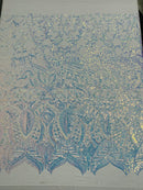 Clear Iridescent Sequin Fabric - 4 Way Stretch Embroidered Royalty Sequins Design Fabric By Yard