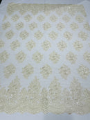 Floral Lace Fabric - Ivory/Cream - Flower Cluster Embroidery Design With Sequins on a Mesh