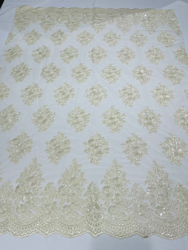 Floral Lace Fabric - Ivory/Cream - Flower Cluster Embroidery Design With Sequins on a Mesh