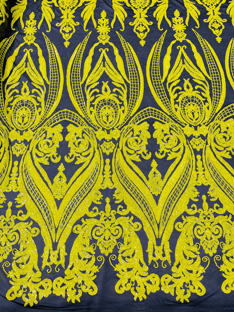 Big Damask Sequins Fabric - Yellow on Black - 4 Way Stretch Damask Sequins Design Fabric By Yard