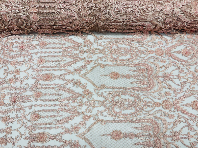 Blush Peach Beaded Damask Fabric - by the yard - Embroidered with Beads and Sequins on Mesh Fabric