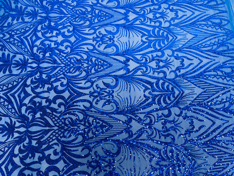 Royal Blue Sequin Fabric - by the yard - On Mesh 4 Way Stretch, Damask Design Sequins