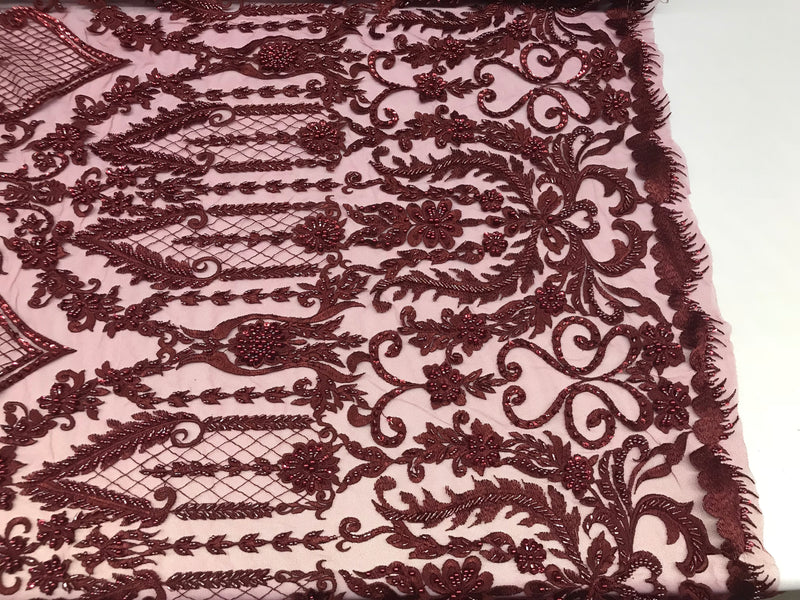 Burgundy Beaded Fabric Embroidered On A Mesh Lace Fancy Dress Fabric Sold By The Yard