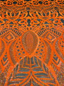 Orange Sequin - 4 Way Stretch Embroidered Royalty Sequins Design Fabric By Yard