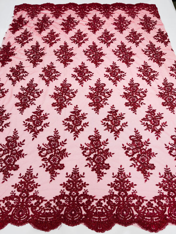 Burgundy Floral Lace Fabric by the yard Corded Flower Embroidery Design With Sequins on a Mesh