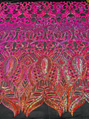 Orange/Fuchsia Iridescent - 4 Way Stretch Embroidered Royalty Sequins Design Fabric By Yard