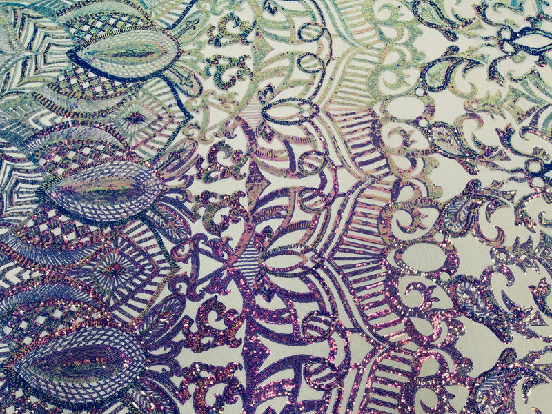 Lavender Iridescent - 4 Way Stretch Embroidered Royalty Sequins Design Fabric By Yard