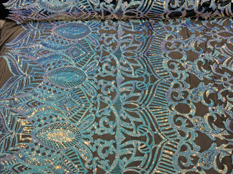 Aqua/Blue Iridescent - 4 Way Stretch Embroidered Royalty Sequins Design Fabric By Yard