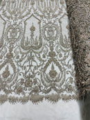 Silver Beaded Damask Fabric - by the yard - Embroidered with Beads and Sequins on Mesh Fabric