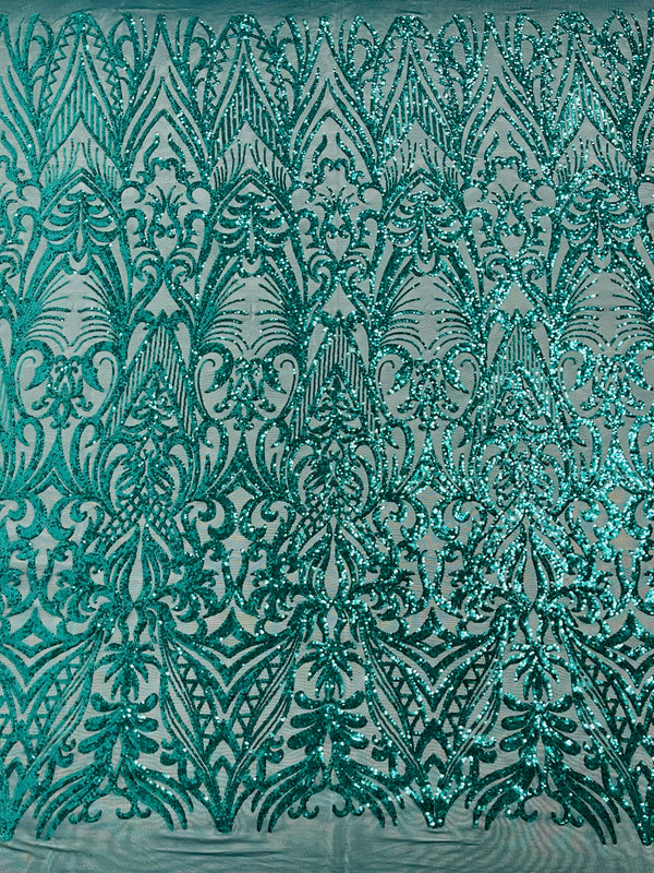 Teal Green Sequin Fabric - by the yard - On Mesh 4 Way Stretch, Damask Design Sequins