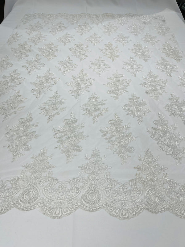 White Floral Lace Fabric - by the yard - Corded Flower Embroidery Design With Sequins on a Mesh