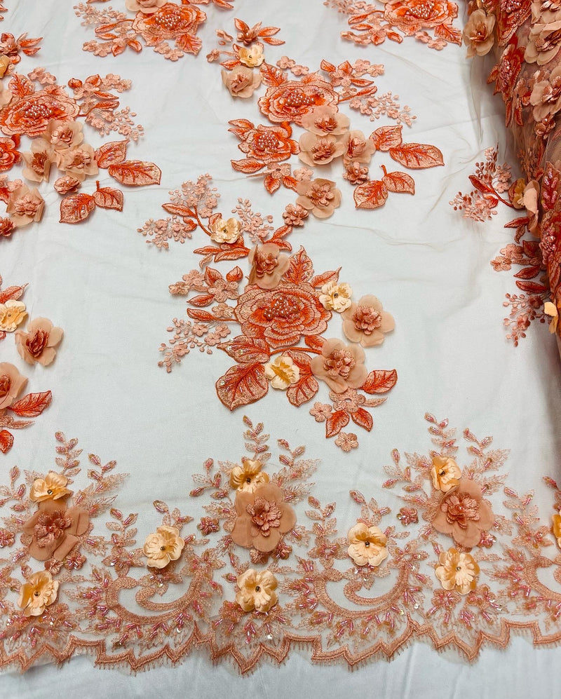 Orange Flower 3D Fabric - by the Yard - Embroided Fabric Flower Pearls and Beaded Fabric