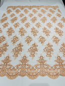 Peach Floral Lace Fabric - by the yard - Corded Flower Embroidery Design With Sequins