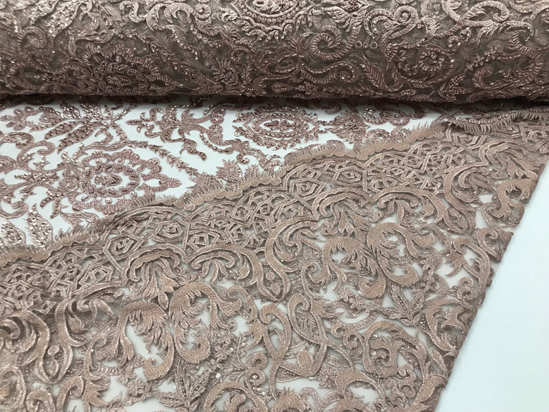 Rose Gold Bridal Lace Hand Beaded Embroidered Floral Fabric - by the yard - Wedding Beaded Fabric