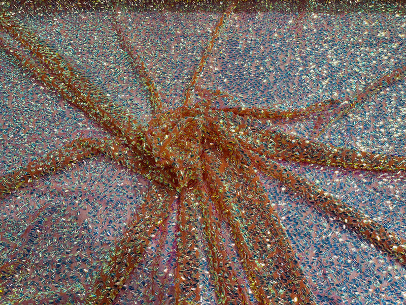 New Iridescent Clear Sequin Fabric Embroidery On Orange Power Mesh 4Way Stretch Sequins By The Yard