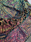 Rainbow Iridescent Sequin Fabric - by the yard - On Mesh 4 Way Stretch, Damask Design Sequins