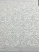 White Sequin Fabric - by the yard - On Mesh 4 Way Stretch, Damask Design Sequins