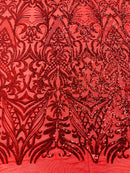 Red Sequin Fabric - by the yard - On Mesh 4 Way Stretch, Damask Design Sequins