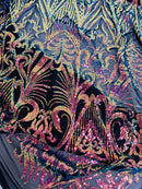 Rainbow Iridescent Sequin Fabric - by the yard - On Mesh 4 Way Stretch, Damask Design Sequins