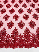 Floral Lace Fabric - Burgundy - Flower Cluster Embroidery Design With Sequins on a Mesh