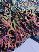 Rainbow Iridescent Sequin Fabric - by the yard - On Mesh 4 Way Stretch, Damask Design Sequins
