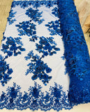 Royal Blue Flower 3D Fabric - by the Yard - Embroided Fabric Flower Pearls and Beaded Fabric