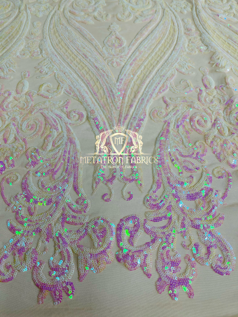 Big Damask Sequins Fabric - White/Pink Sequins - 4 Way Stretch Damask Sequins Design Fabric By Yard
