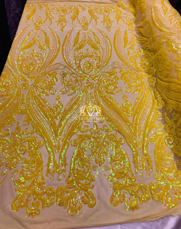 Big Damask Sequins Fabric - Yellow - 4 Way Stretch Damask Sequins Design Fabric By Yard