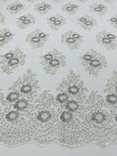 Floral Lace Fabric - Off-White - Flower Cluster Embroidery Design With Sequins on a Mesh
