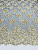 Floral Lace Fabric - Gold on Black Mesh - Flower Cluster Embroidery Design With Sequins on a Mesh