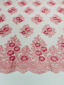 Floral Lace Fabric - Pink - Flower Cluster Embroidery Design With Sequins on a Mesh