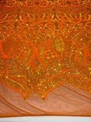 Orange Iridescent  - 4 Way Stretch Embroidered Royalty Sequins Design Fabric By Yard