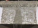Silver Beaded Fabric Embroidered On A Mesh Lace Fancy Dress Fabric Sold By The Yard