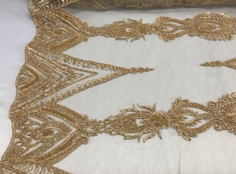 Gold Beaded Fabric Embroidered Lace Pearls On A Mesh Bridal/Wedding Fabrics Sold By The Yard