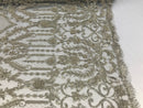Silver Beaded Fabric Embroidered On A Mesh Lace Fancy Dress Fabric Sold By The Yard