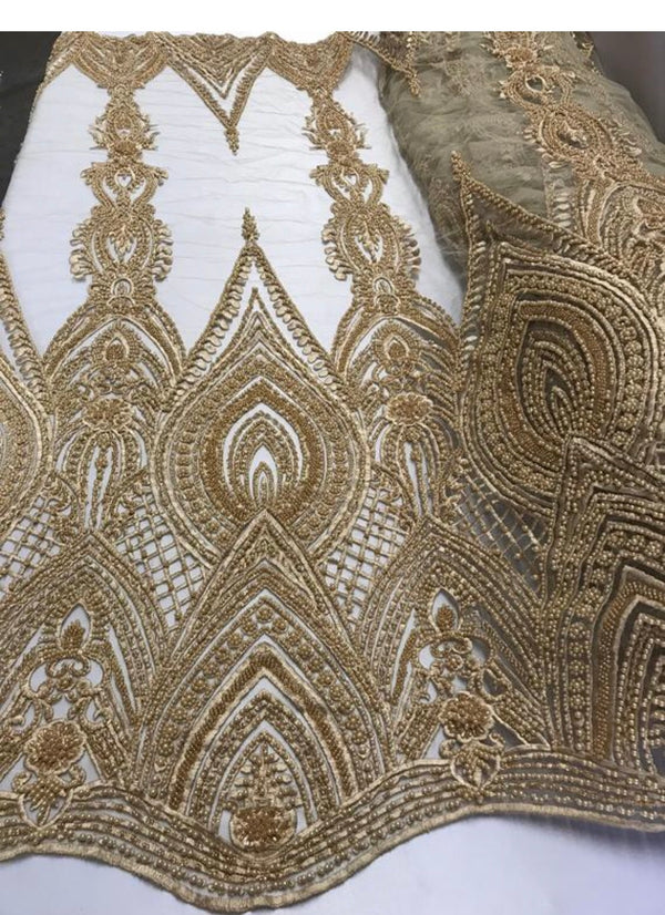 Gold Beaded Fabric Embroidered Lace Pearls On A Mesh Bridal/Wedding Fabrics Sold By The Yard