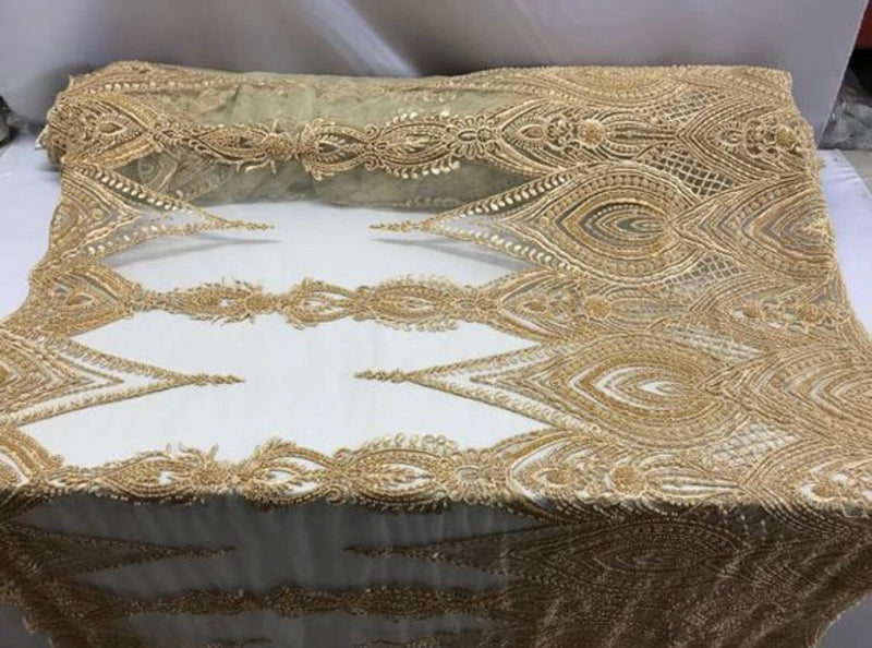 Gold Beaded Fabric Embroidered Lace Pearls On A Mesh Bridal/Wedding Fabrics Sold By The Yard