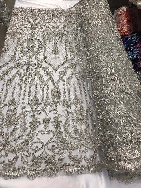 Silver Beaded Fabric Embroidered On A Mesh Lace Fancy Dress Fabric Sold By The Yard