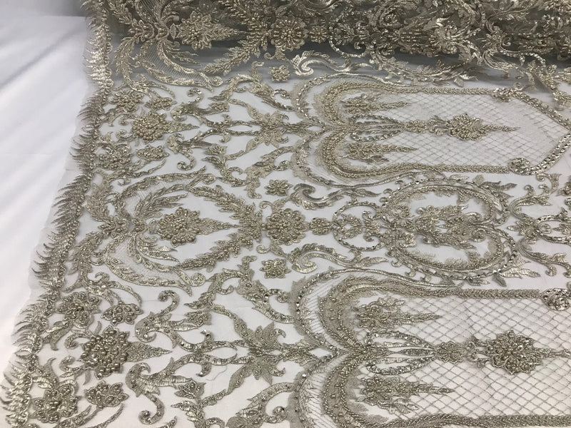 Silver Beaded Fabric Embroidered On A Mesh Lace Fancy Dress Fabric Sold By The Yard