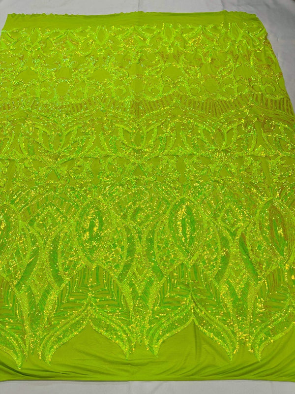 4 Way Stretch Fabric Iridescent Neon Green - Elegant Design Sequins Fashion By The Yard