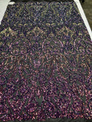 Iridescent - Magenta Rainbow - 4 Way Stretch Sequins Vines Pattern Fabric  - Sold By The Yard