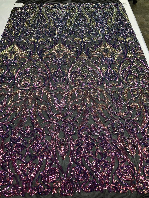 Iridescent - Magenta Rainbow - 4 Way Stretch Sequins Vines Pattern Fabric  - Sold By The Yard