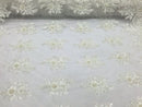Beaded - Ivory - Embroidered Floral Design Fancy Sequins Fabric with Beads Sold By The Yard