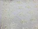 Beaded - Ivory - Embroidered Floral Design Fancy Sequins Fabric with Beads Sold By The Yard