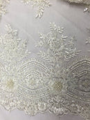 Beaded - Ivory - Embroidered Floral Design Fancy Sequins Fabric with Beads Sold By The Yard
