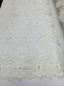 Beaded - Ivory - Embroidered Floral Design Fancy Sequins Fabric with Beads Sold By The Yard