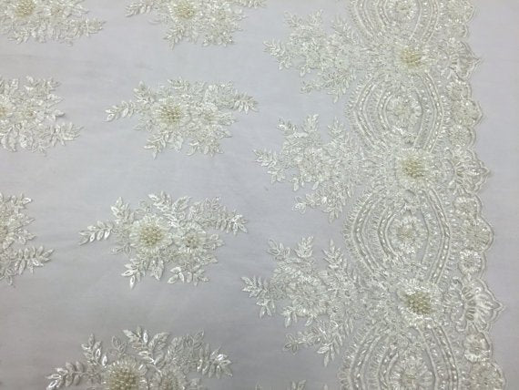 Beaded - Ivory - Embroidered Floral Design Fancy Sequins Fabric with Beads Sold By The Yard