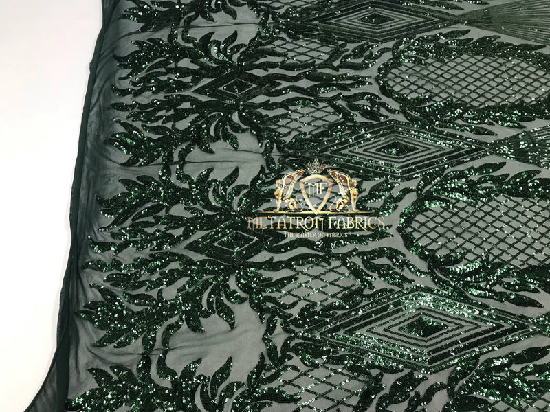 4 Way Stretch - Hunter Green - Triangle Design Sequins Fabric Embroidered Mesh Sold By The Yard