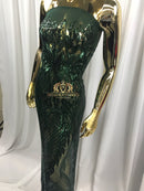 4 Way Stretch - Hunter Green - Triangle Design Sequins Fabric Embroidered Mesh Sold By The Yard
